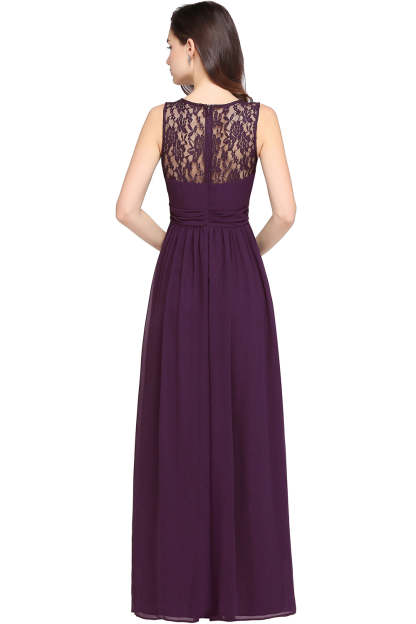Long A Line Round Neck Chiffon Floor Length Formal Dresses - YESBABYONLINE