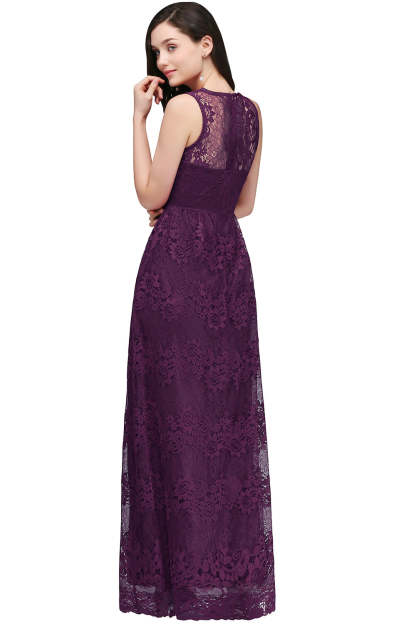 Long A Line Lace V Neck Sleveless Floor Length Evening Dress - YESBABYONLINE