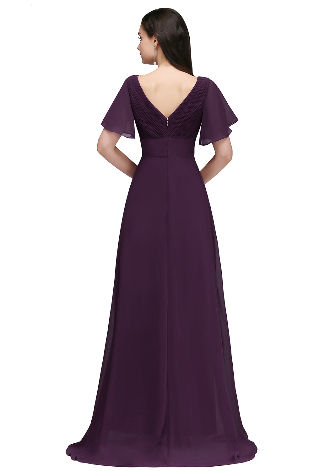 A Line Poet Sleeves Ruffle Chiffon V-Neck Long Bridesmaid Dress - YESBABYONLINE