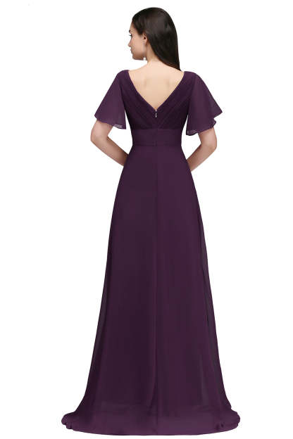A Line Poet Sleeves Ruffle Chiffon V-Neck Long Bridesmaid Dress - YESBABYONLINE