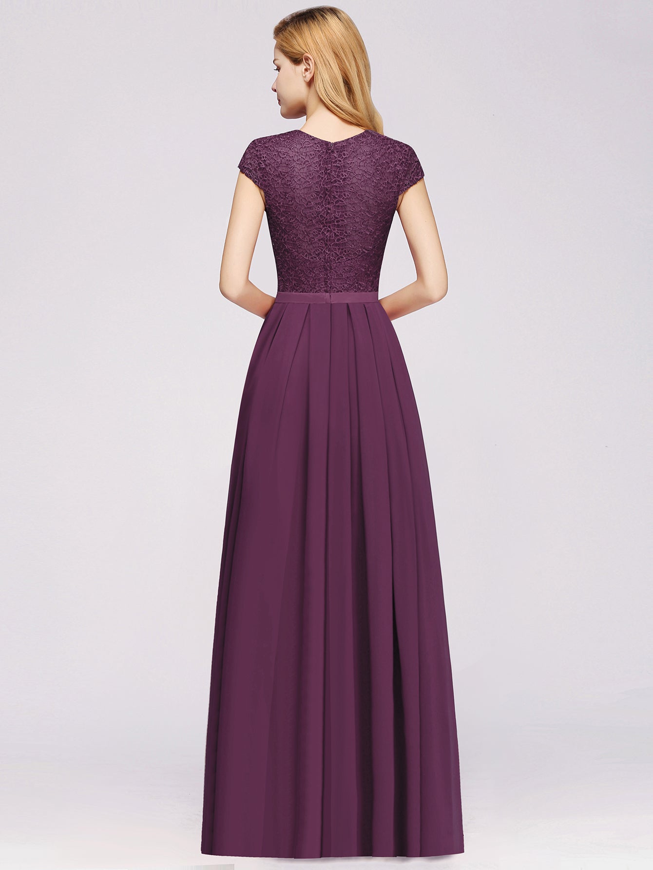 Long A-line Tulle Floral Lace Bridesmaid Dress with Cap Sleeves - YESBABYONLINE
