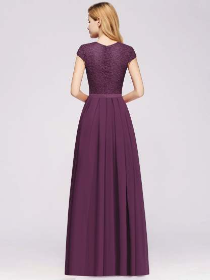 Long A-line Tulle Floral Lace Bridesmaid Dress with Cap Sleeves - YESBABYONLINE