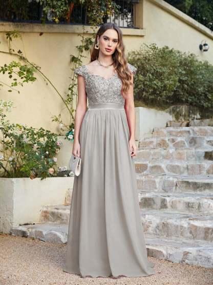 Long A line Scoop Neck Chiffon Floor Length Dress Lace Bridesmaid Dress - YESBABYONLINE