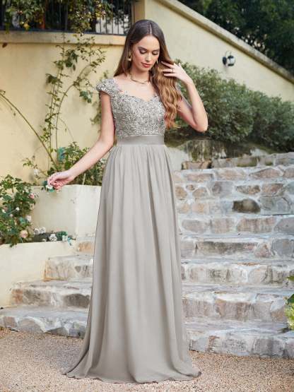 Long A line Scoop Neck Chiffon Floor Length Dress Lace Bridesmaid Dress - YESBABYONLINE