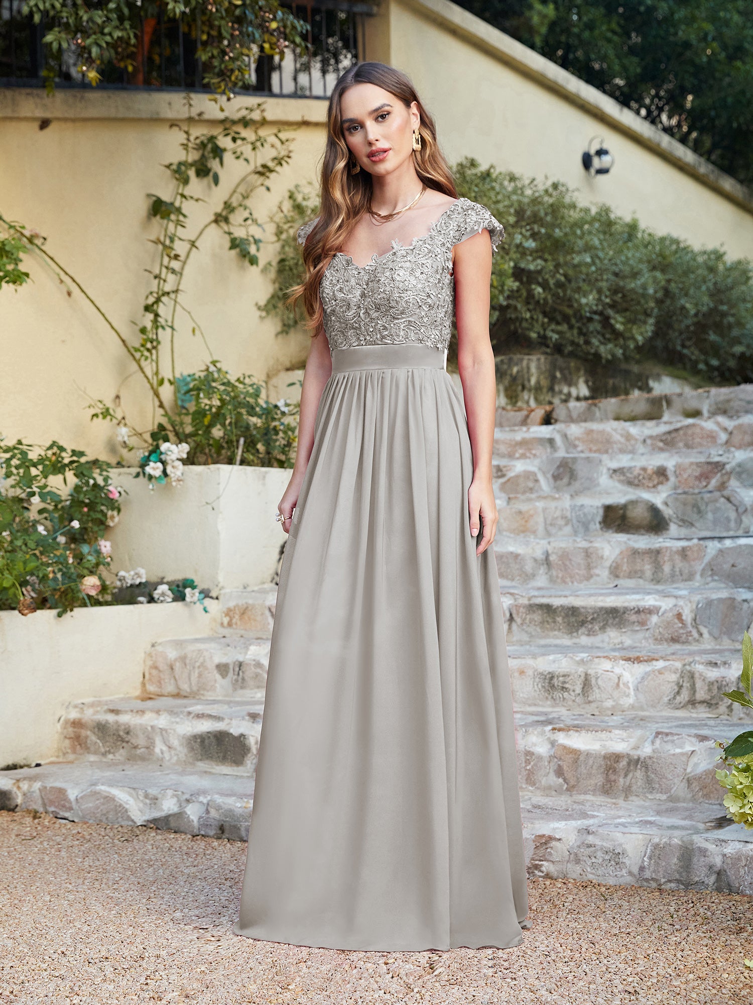 Long A line Scoop Neck Chiffon Floor Length Dress Lace Bridesmaid Dress - YESBABYONLINE