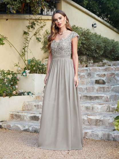 Long A line Scoop Neck Chiffon Floor Length Dress Lace Bridesmaid Dress - YESBABYONLINE