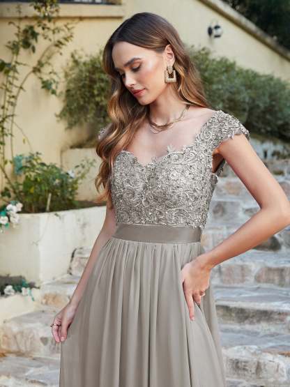Long A line Scoop Neck Chiffon Floor Length Dress Lace Bridesmaid Dress - YESBABYONLINE