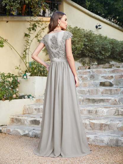 Long A line Scoop Neck Chiffon Floor Length Dress Lace Bridesmaid Dress - YESBABYONLINE