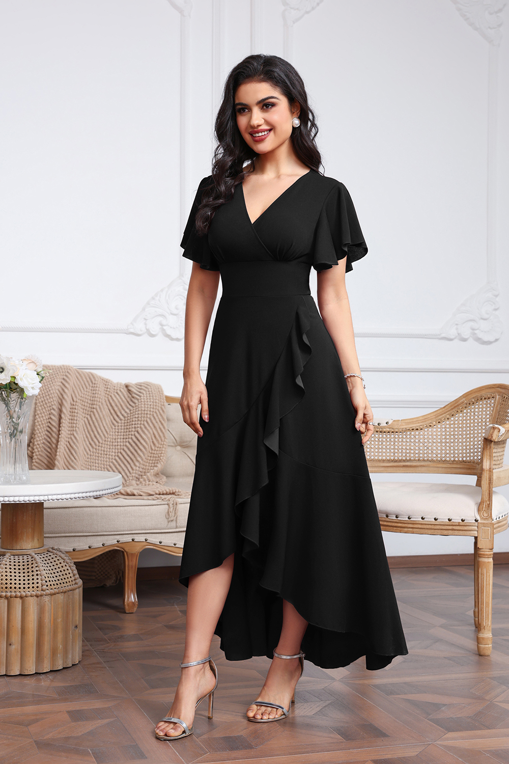 Elegant V-neck High Low Chiffon A-Line Mother of The Bride Dress with Slit