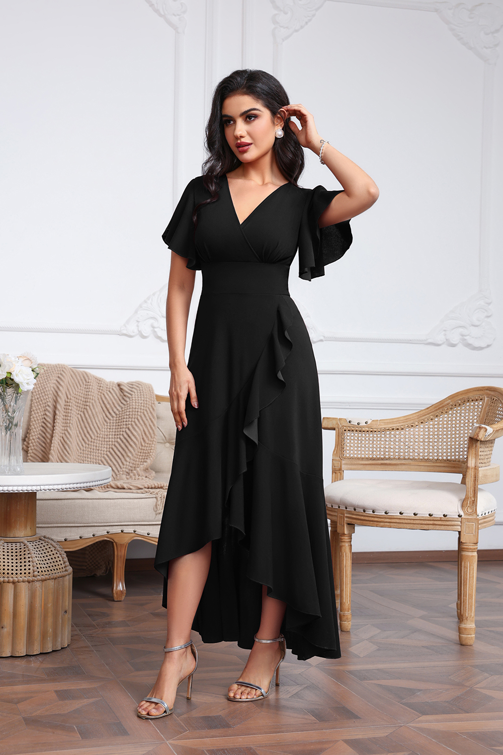 Elegant V-neck High Low Chiffon A-Line Mother of The Bride Dress with Slit