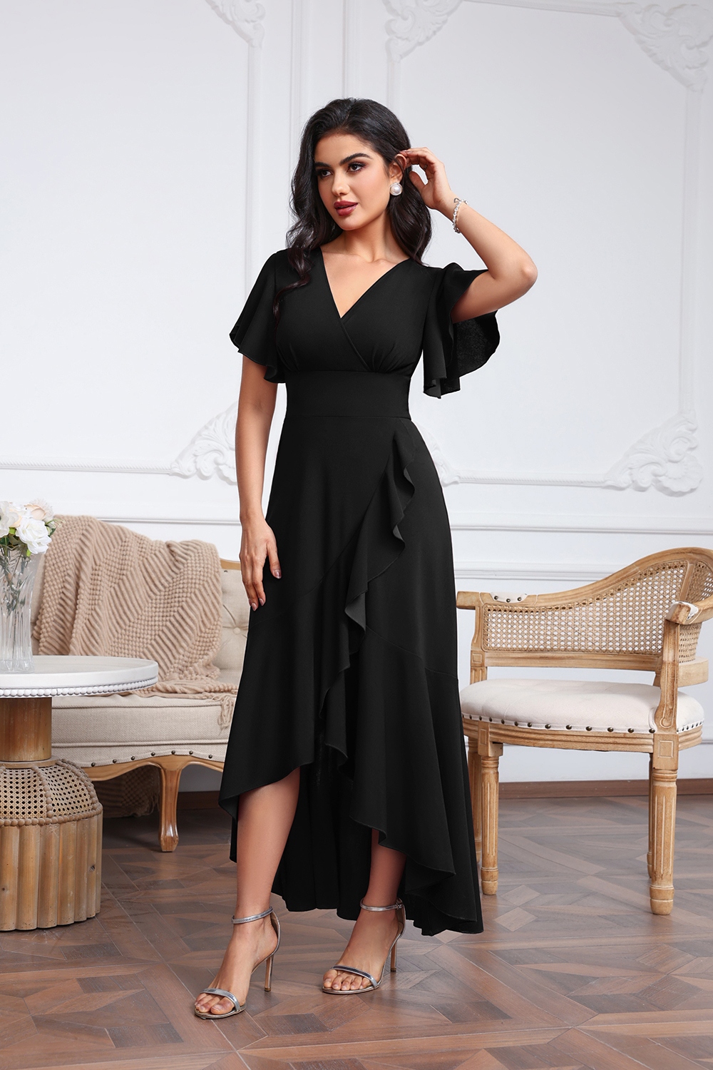 Elegant V-neck High Low Chiffon A-Line Mother of The Bride Dress with Slit