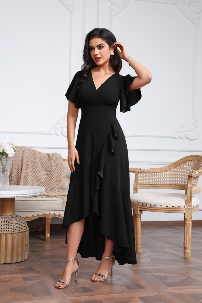 Elegant V-neck High Low Chiffon A-Line Mother of The Bride Dress with Slit