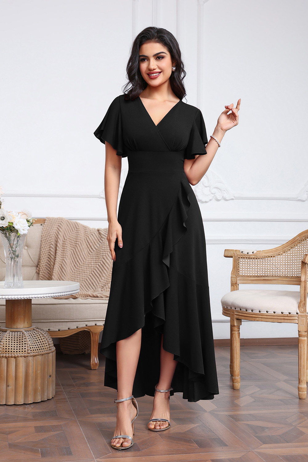 Elegant V-neck High Low Chiffon A-Line Mother of The Bride Dress with Slit