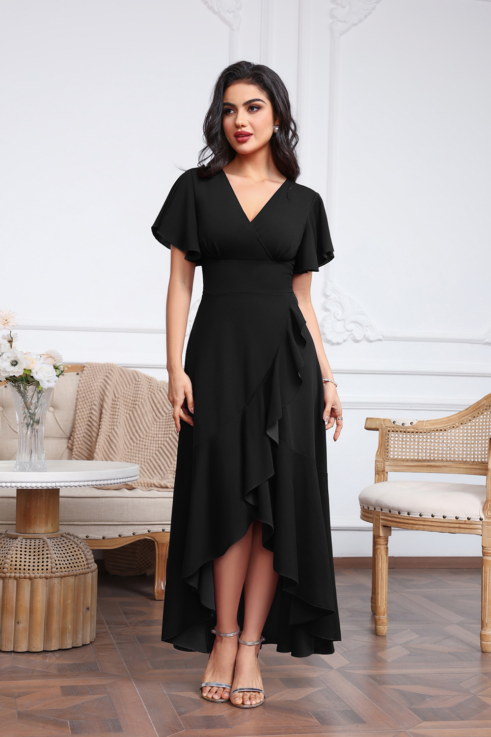 Elegant V-neck High Low Chiffon A-Line Mother of The Bride Dress with Slit