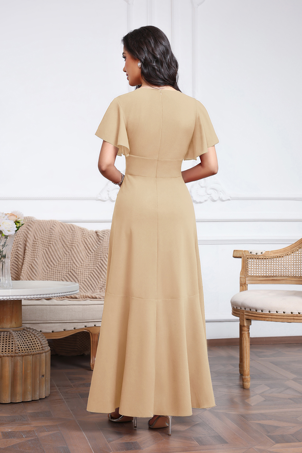 High Low A-line V-neck Chiffon Champagne Wedding Guest Dresses