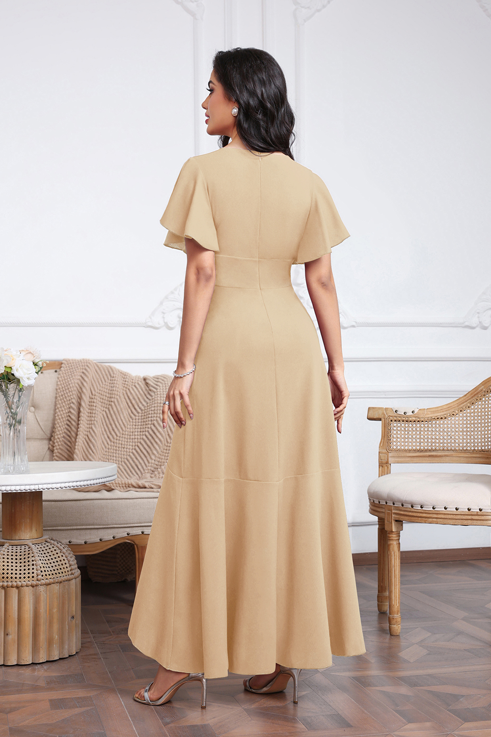 High Low A-line V-neck Chiffon Champagne Wedding Guest Dresses