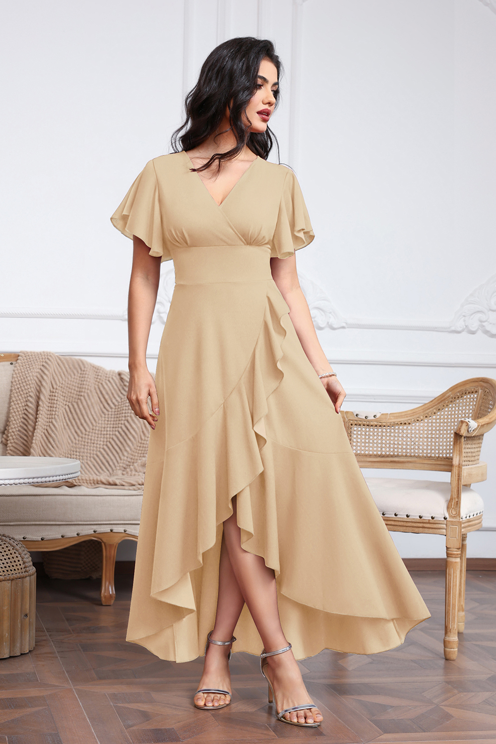 High Low A-line V-neck Chiffon Champagne Wedding Guest Dresses
