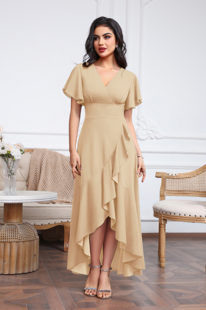 High Low A-line V-neck Chiffon Champagne Wedding Guest Dresses