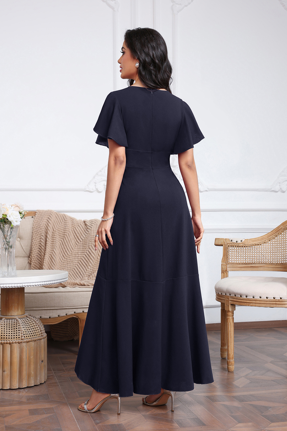High Low A-line V-neck Chiffon Dark Navy Wedding Guest Dresses