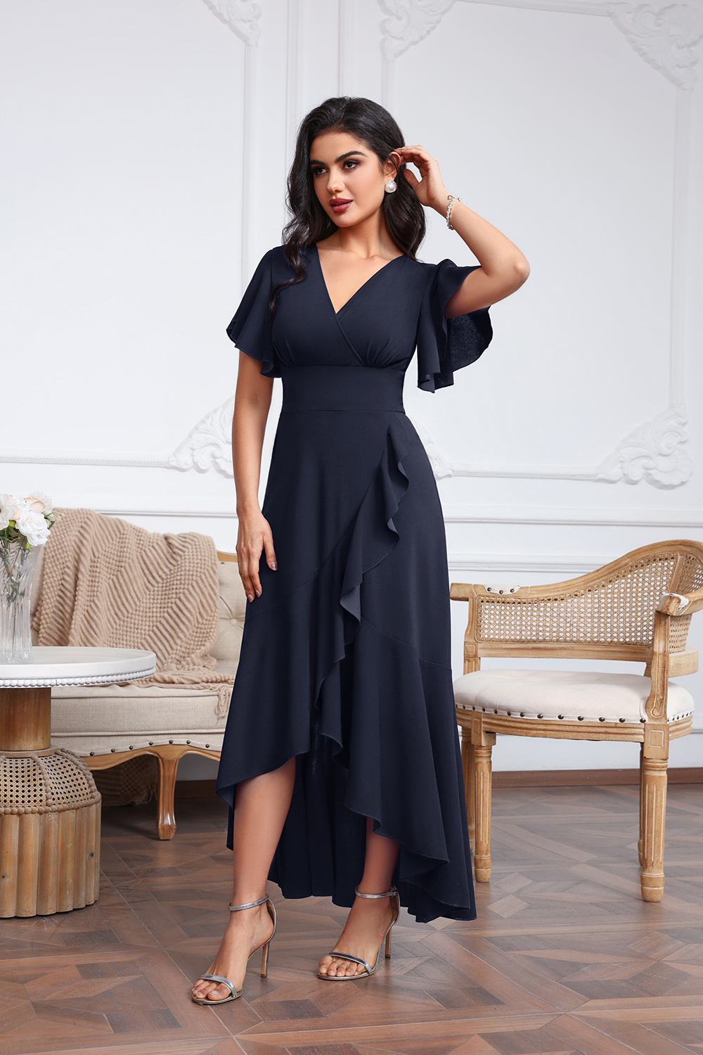 High Low A-line V-neck Chiffon Dark Navy Wedding Guest Dresses