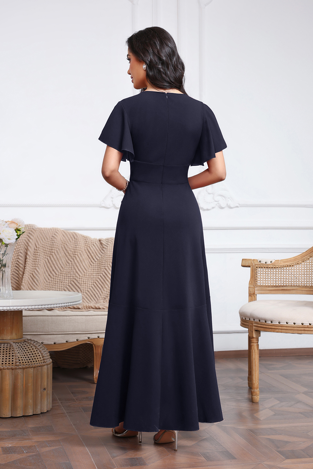 High Low A-line V-neck Chiffon Dark Navy Wedding Guest Dresses