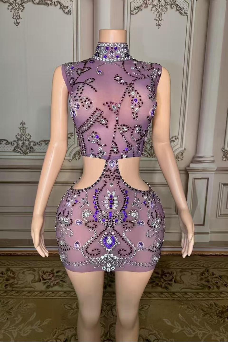 Purple Tulle Short High Neck Prom Dress with Beads and Rhinestones Yesbabyonline 