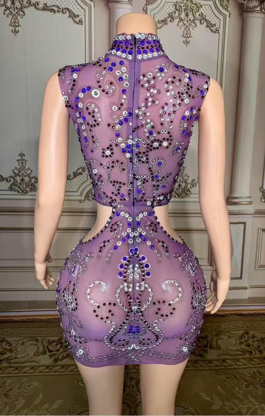 Purple Tulle Short High Neck Prom Dress with Beads and Rhinestones Yesbabyonline 
