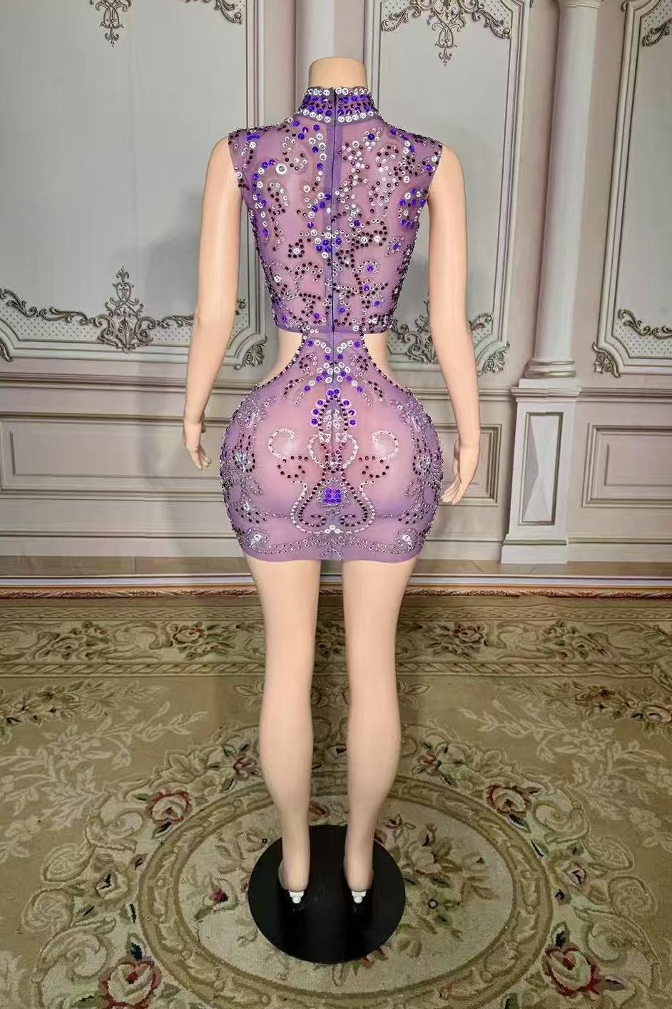Purple Tulle Short High Neck Prom Dress with Beads and Rhinestones Yesbabyonline 