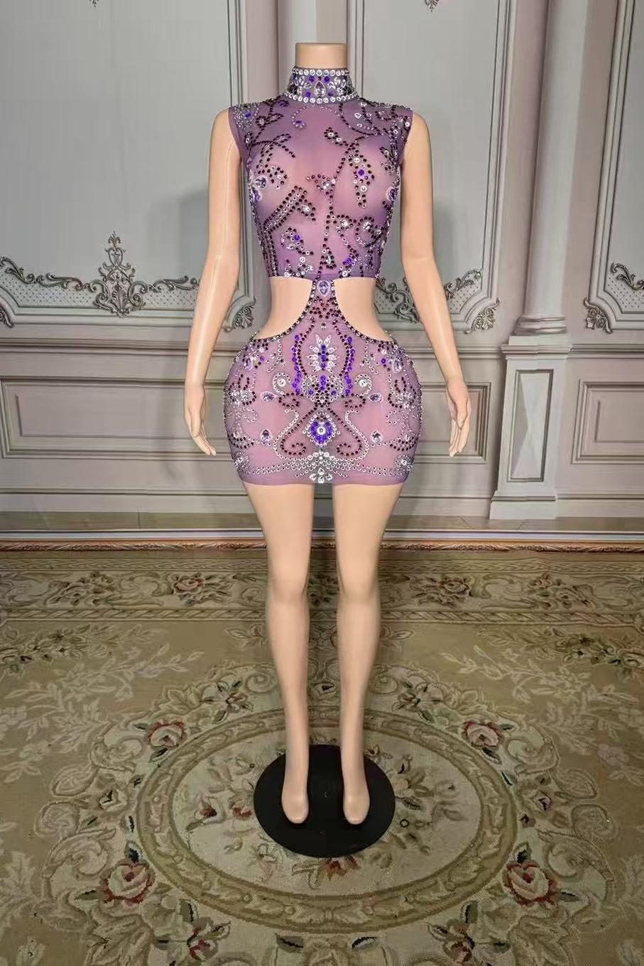 Purple Tulle Short High Neck Prom Dress with Beads and Rhinestones Yesbabyonline 