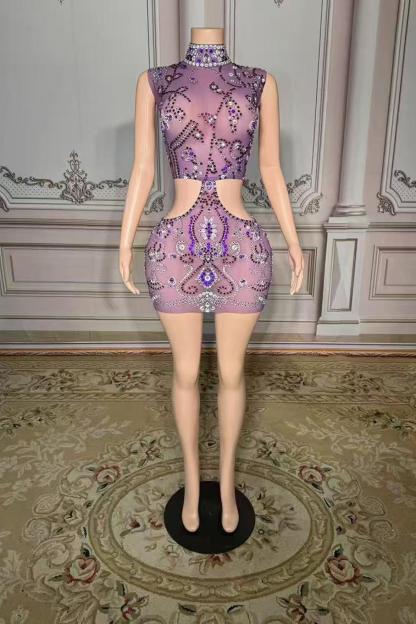 Purple Tulle Short High Neck Prom Dress with Beads and Rhinestones Yesbabyonline 