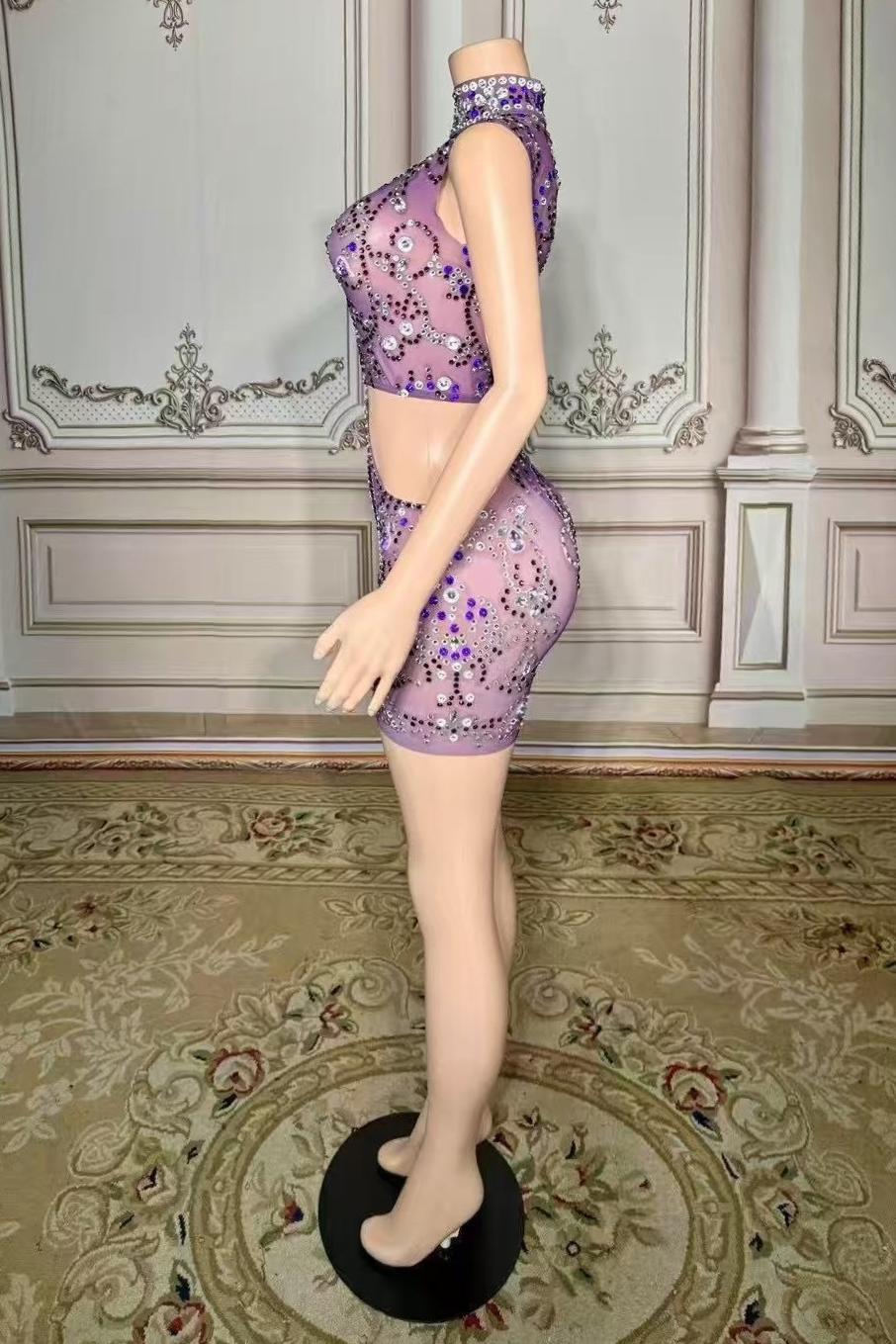 Purple Tulle Short High Neck Prom Dress with Beads and Rhinestones Yesbabyonline