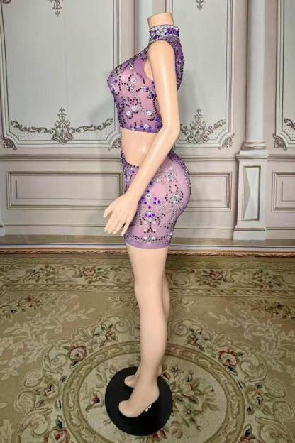 Purple Tulle Short High Neck Prom Dress with Beads and Rhinestones Yesbabyonline 