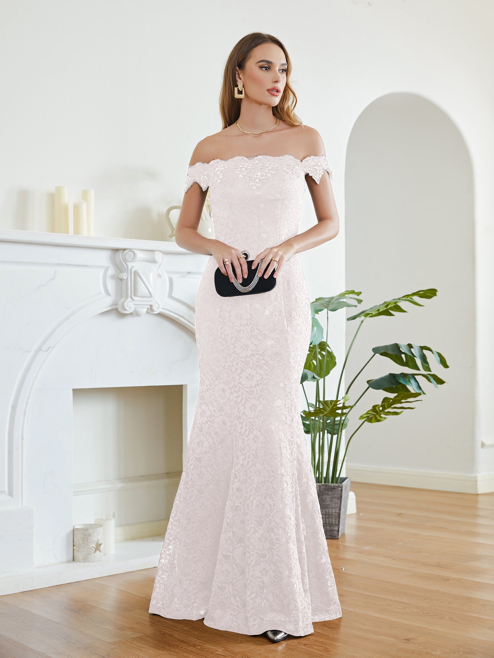 Long Mermaid Off the Shoulder Lace Floor Length Evening Dresses - YESBABYONLINE
