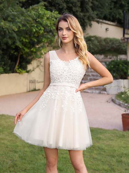 Short A-line Mini Tulle Formal Dress with Lace Appliques - YESBABYONLINE