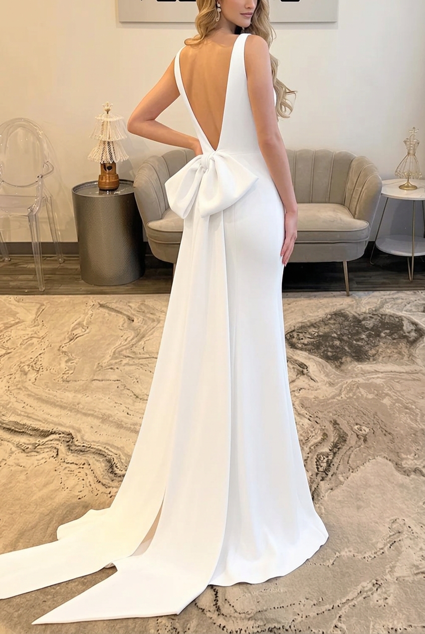 Ivory Long Mermaid Satin Backless Wedding Dress with Bow