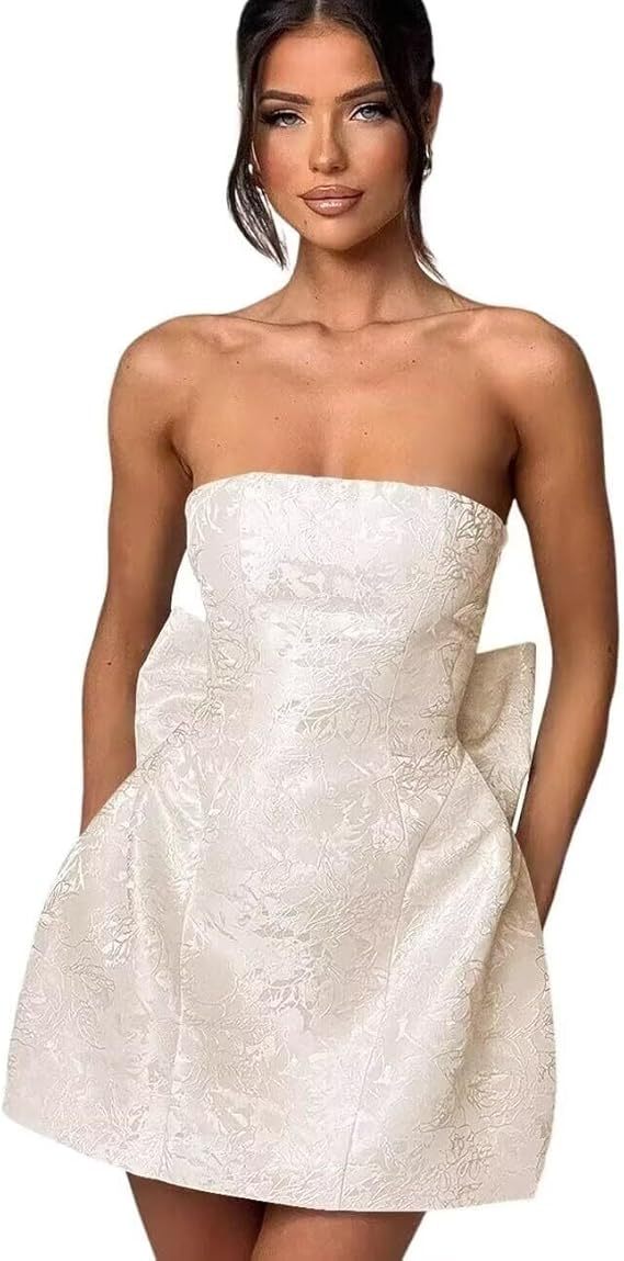 Strapless Short Ball Gown Sleeveless Lace up Jacquard Satin Homecoming Dress with Bow - YESBABYONLINE