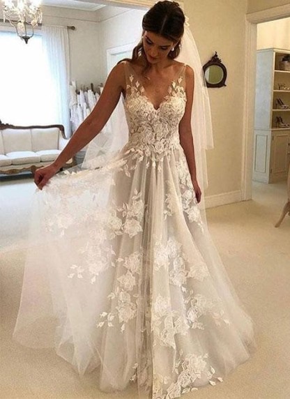 Beautiful Open Back A-line Tulle Appliques Lace Long White Wedding Dress 