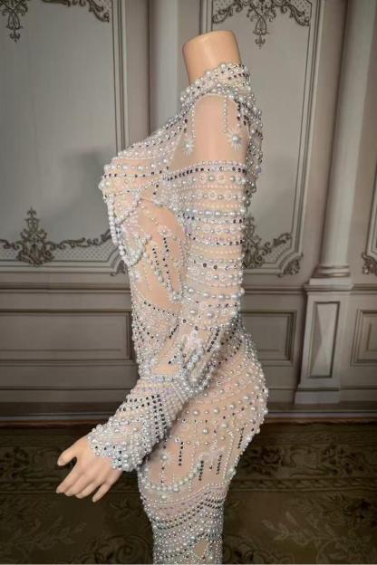 Pearl Tulle Lace Diamond High Neck Zipper Back Straight Prom Dress Yesbabyonline 