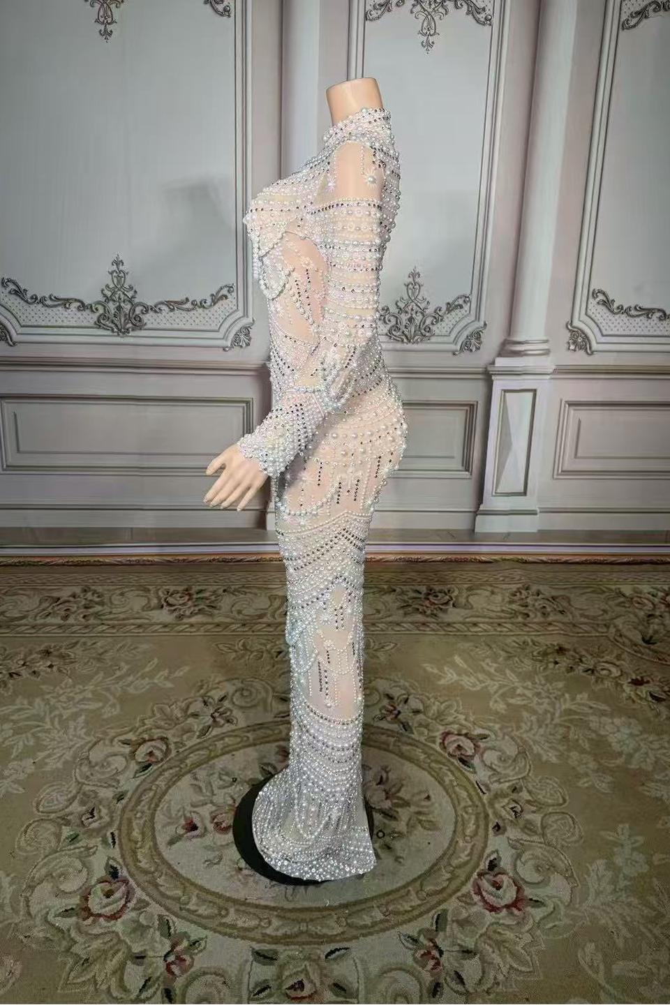 Pearl Tulle Lace Diamond High Neck Zipper Back Straight Prom Dress Yesbabyonline