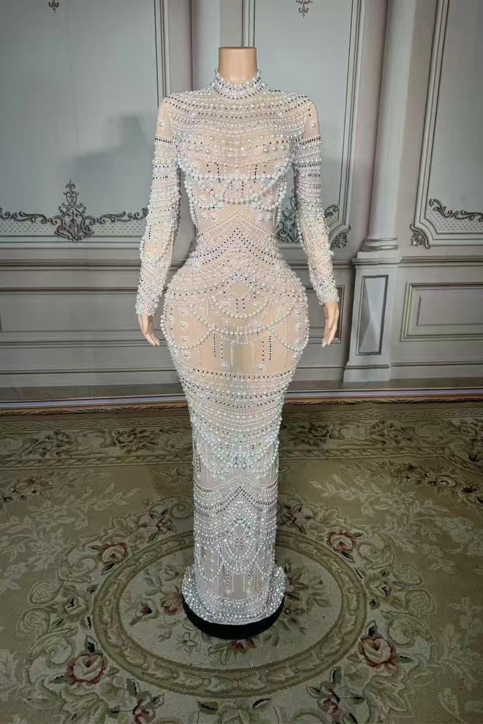 Pearl Tulle Lace Diamond High Neck Zipper Back Straight Prom Dress Yesbabyonline 