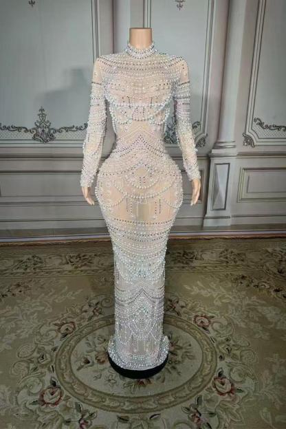 Pearl Tulle Lace Diamond High Neck Zipper Back Straight Prom Dress Yesbabyonline 