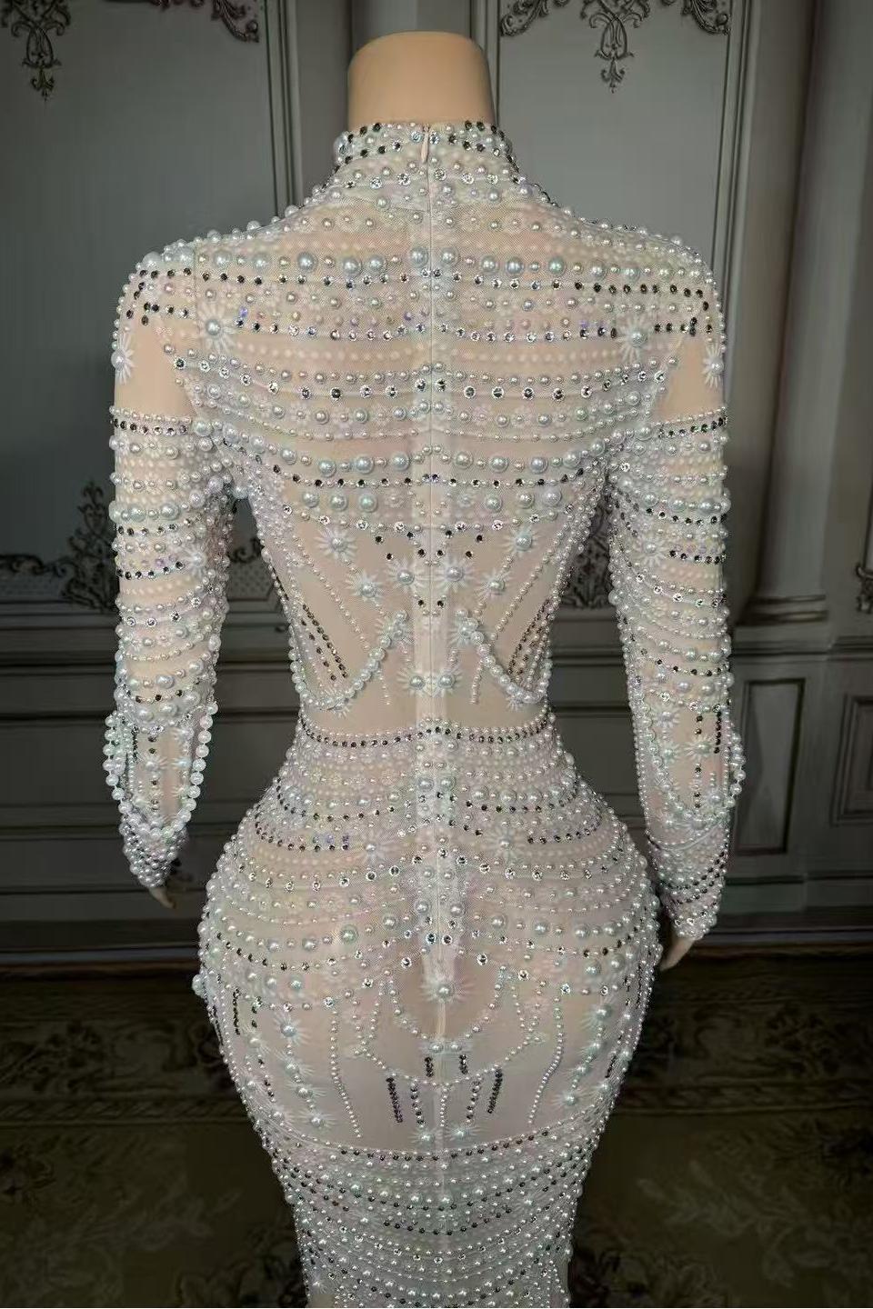 Pearl Tulle Lace Diamond High Neck Zipper Back Straight Prom Dress Yesbabyonline