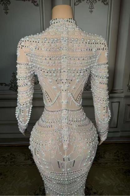 Pearl Tulle Lace Diamond High Neck Zipper Back Straight Prom Dress Yesbabyonline 