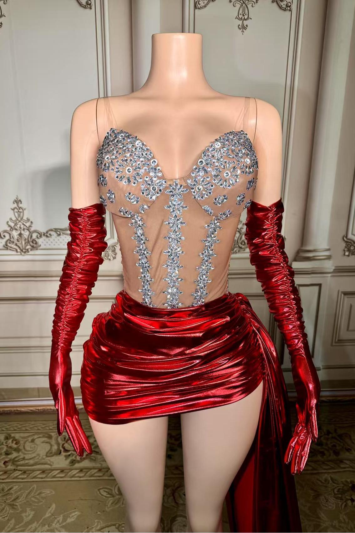 Lace Up Short V-neck Red Prom Dress with Rhinestones and Gloves Yesbabyonline 
