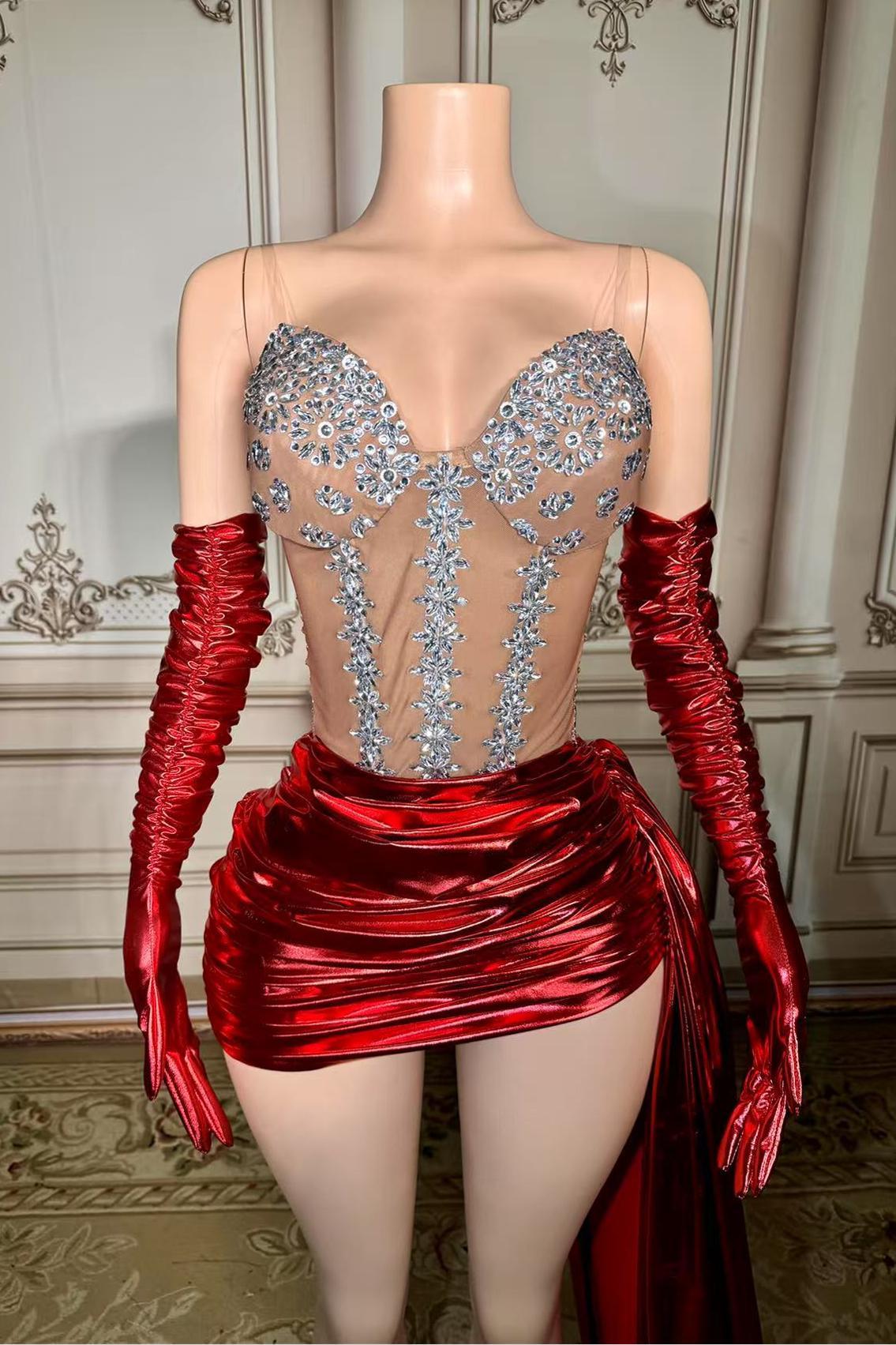 Lace Up Short V-neck Red Prom Dress with Rhinestones and Gloves Yesbabyonline