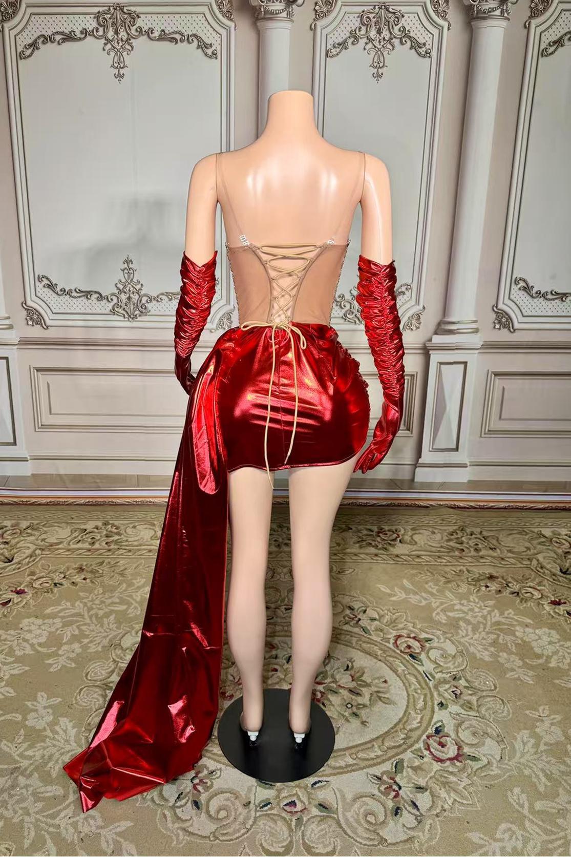 Lace Up Short V-neck Red Prom Dress with Rhinestones and Gloves Yesbabyonline