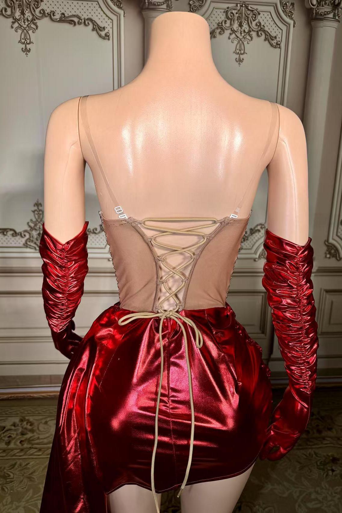 Lace Up Short V-neck Red Prom Dress with Rhinestones and Gloves Yesbabyonline