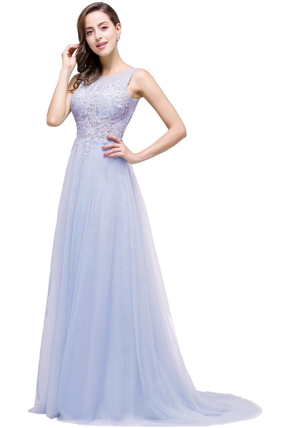 Long Sleeveless Round Neck Tulle A line Lace Appliques Bridesmaid Dress - YESBABYONLINE