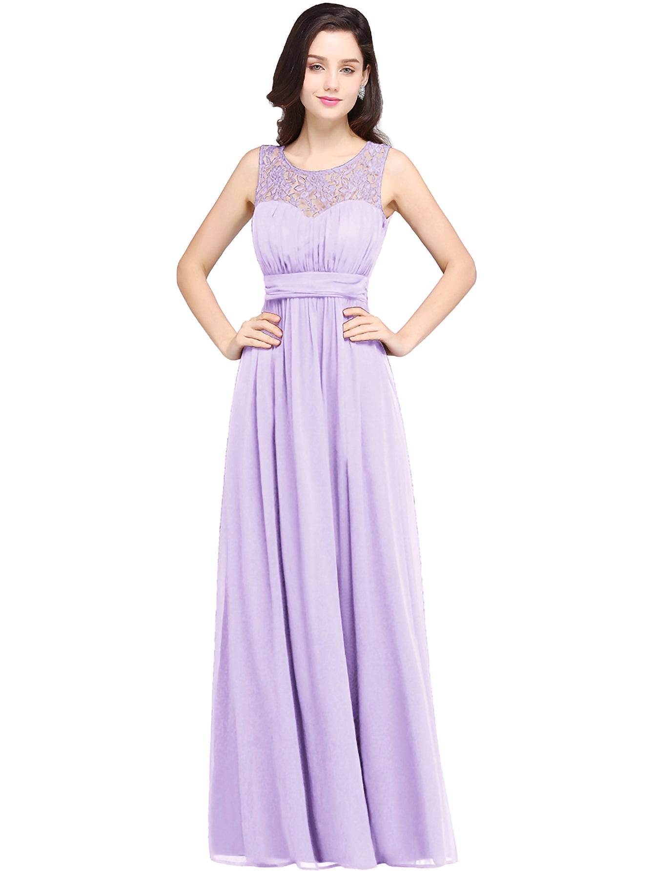 Long A Line Round Neck Chiffon Floor Length Formal Dresses - YESBABYONLINE