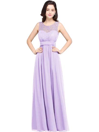 Long A Line Round Neck Chiffon Floor Length Formal Dresses - YESBABYONLINE